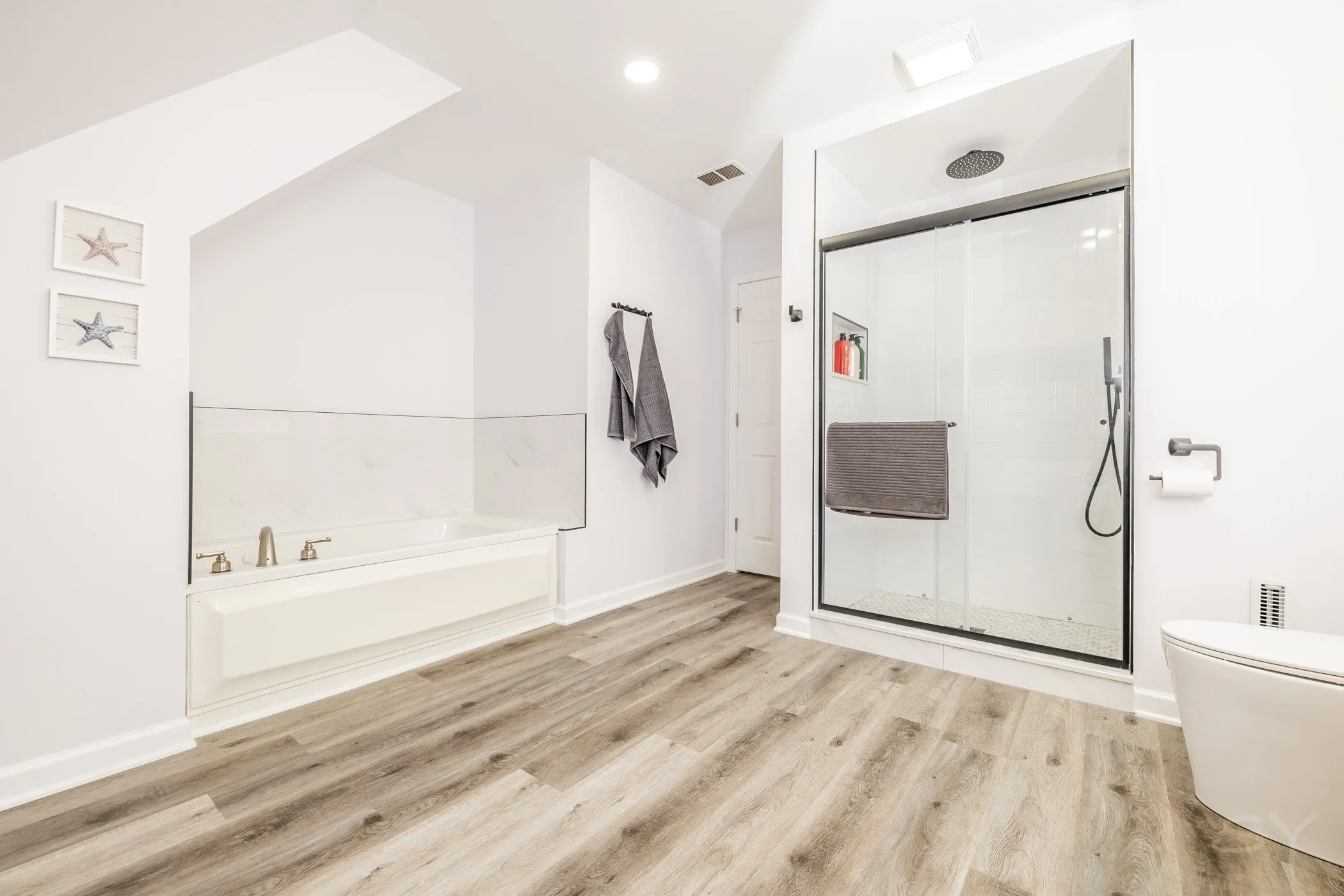 Bathroom with a soaking tub and glass rainfall shower